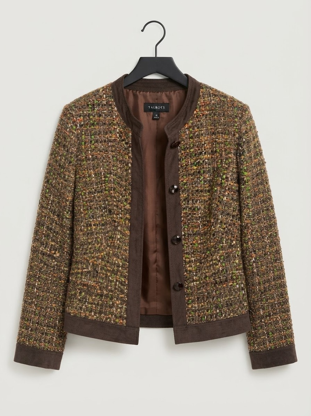 Talbots Brown Tweed Collarless Blazer with Green Flecks